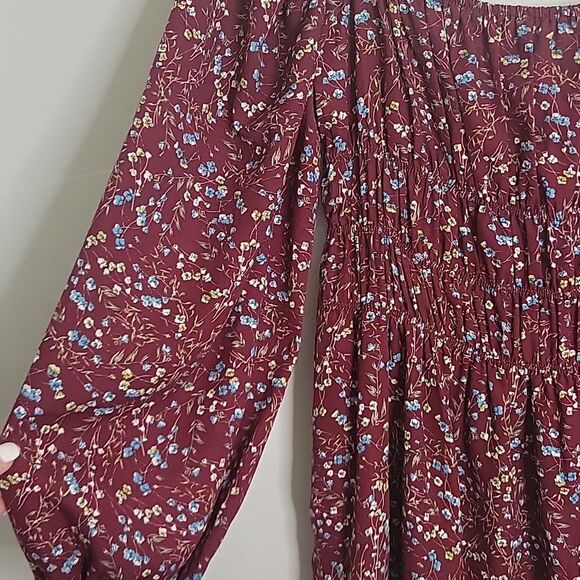 Reset By Jane Square Neckline Floral Burgundy Mini Long sleeve Dress La… - Picture 9 of 11